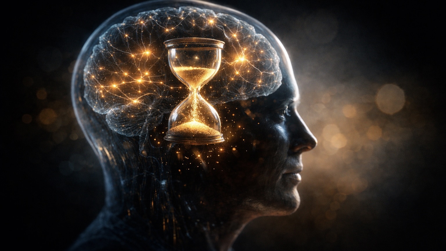 Glowing brain with an hourglass inside a transparent head, symbolizing why time feels faster as you get older