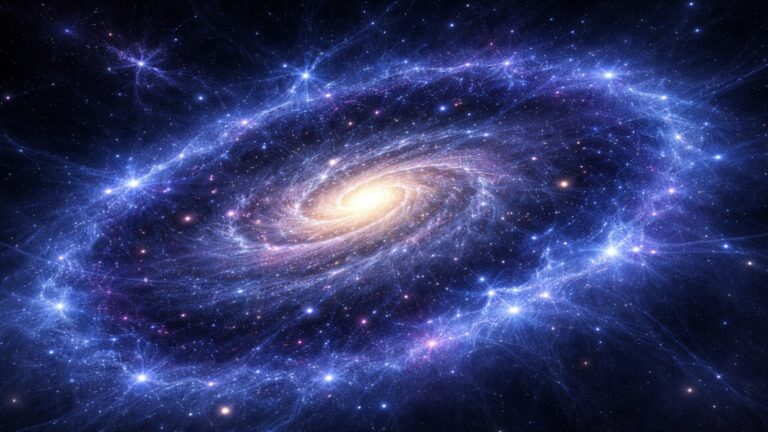 Dark Matter Explained. A glowing spiral galaxy surrounded by a bright blue halo and web-like filaments, illustrating the hidden structure often linked to dark matter.