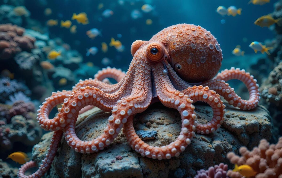 How smart are octopus. Close-up of a pink-orange octopus resting on a rock underwater, its curled arms and suction cups visible, with small fish and coral blurred in the background.