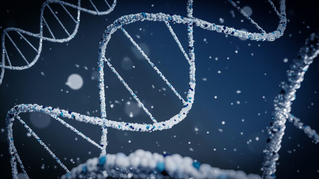 Close-up image of a DNA double helix on a dark blue background, representing CRISPR gene editing and genetic research