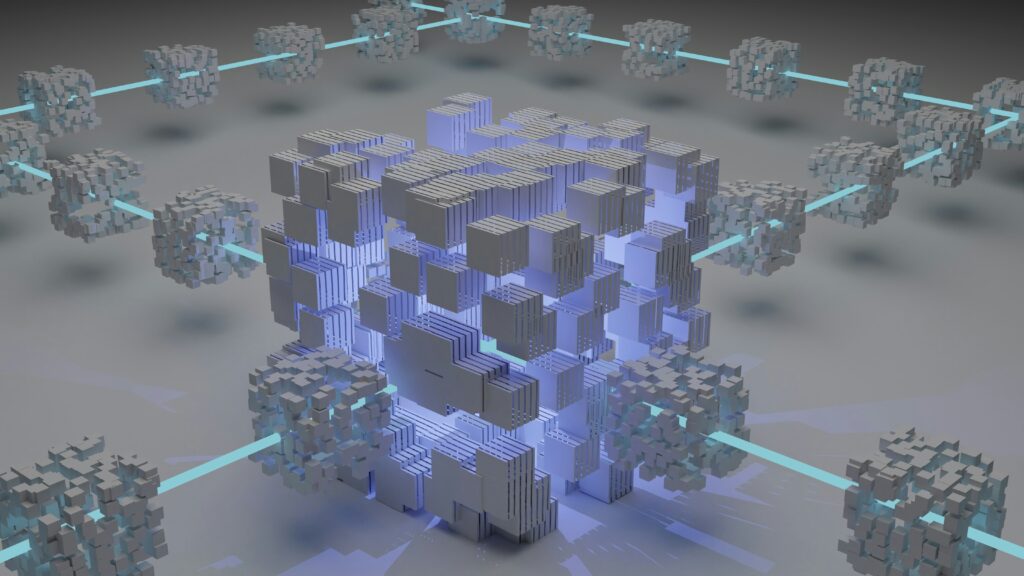 Blockchain Beyond Cryptocurrency-3D illustration of a blockchain network showing interconnected digital blocks and nodes representing decentralized technology