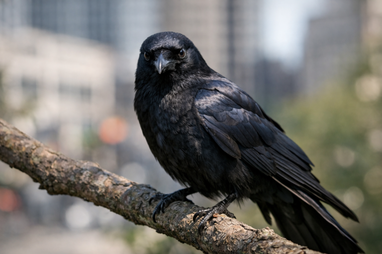 Do Crows Remember Faces? Crow perched on a branch in a city setting, looking alert and focused.
