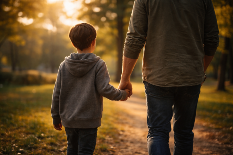 Raised by strict parents. Parent and child walking hand in hand in a park at golden hour, representing how strict parenting can influence adult behavior.