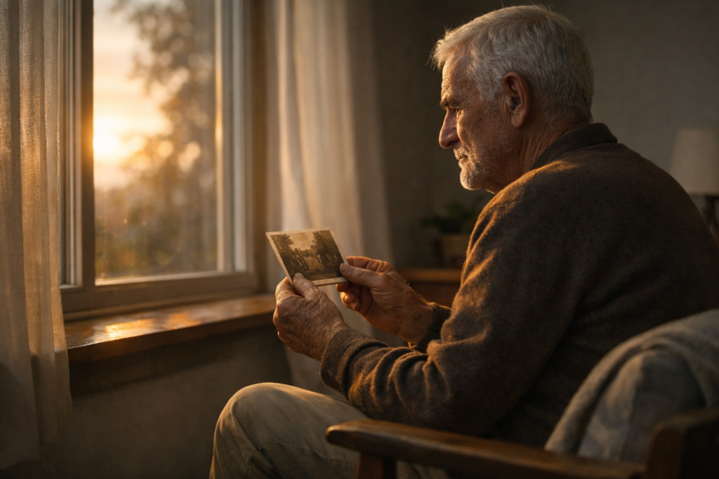 Older adult sitting by a window holding an old photograph in warm sunset light, representing why nostalgia feels stronger as people get older