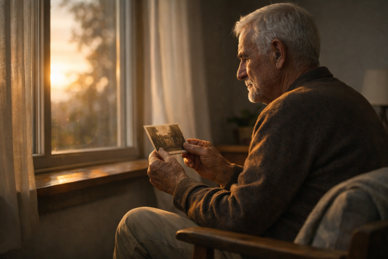 Older adult sitting by a window holding an old photograph in warm sunset light, representing why nostalgia feels stronger as people get older