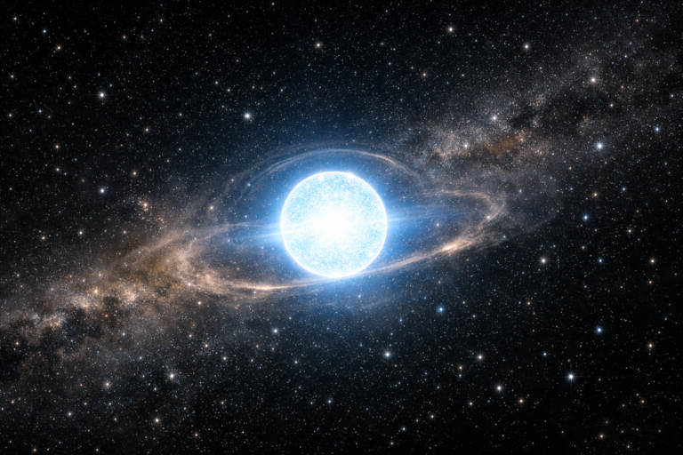 Neutron star in deep space with a bright compact core and warped starfield illustrating neutron star density.