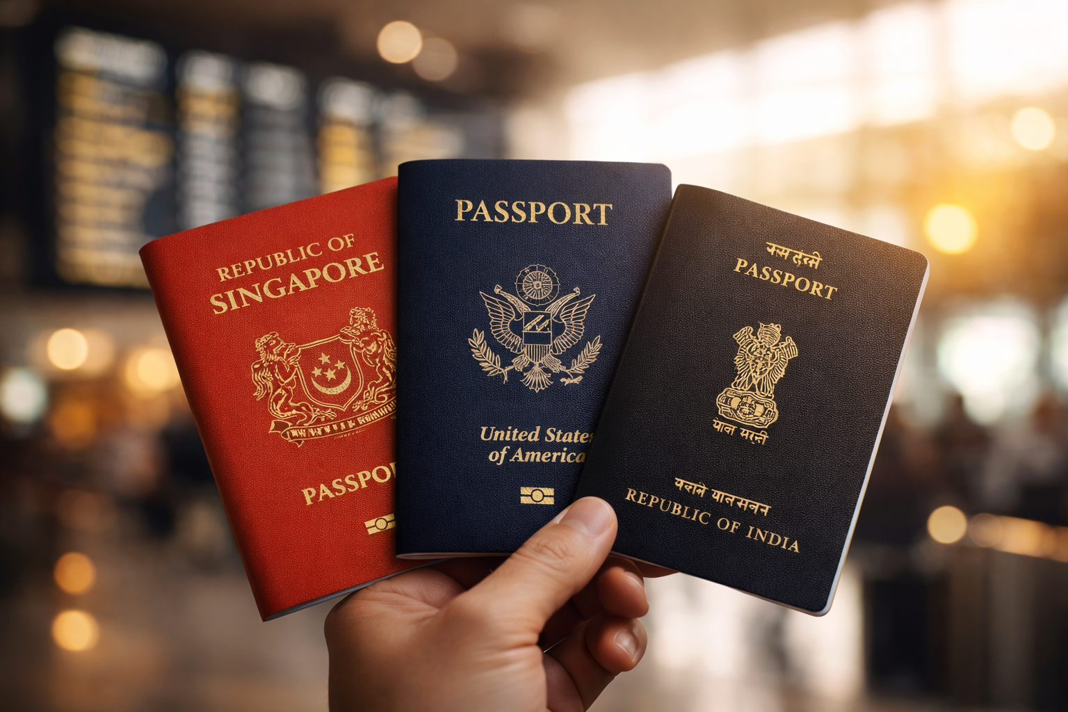 Henley Passport Index 2026 ranking. Close-up of a hand holding three passports (Singapore, United States, and India) in an airport, with a blurred departure board and warm golden-hour lighting in the background.