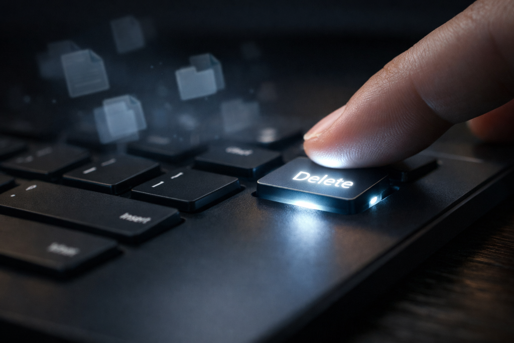 what happens when you delete a file. Finger pressing a glowing Delete key on a modern keyboard, with faded translucent file icons in the background (16:9)